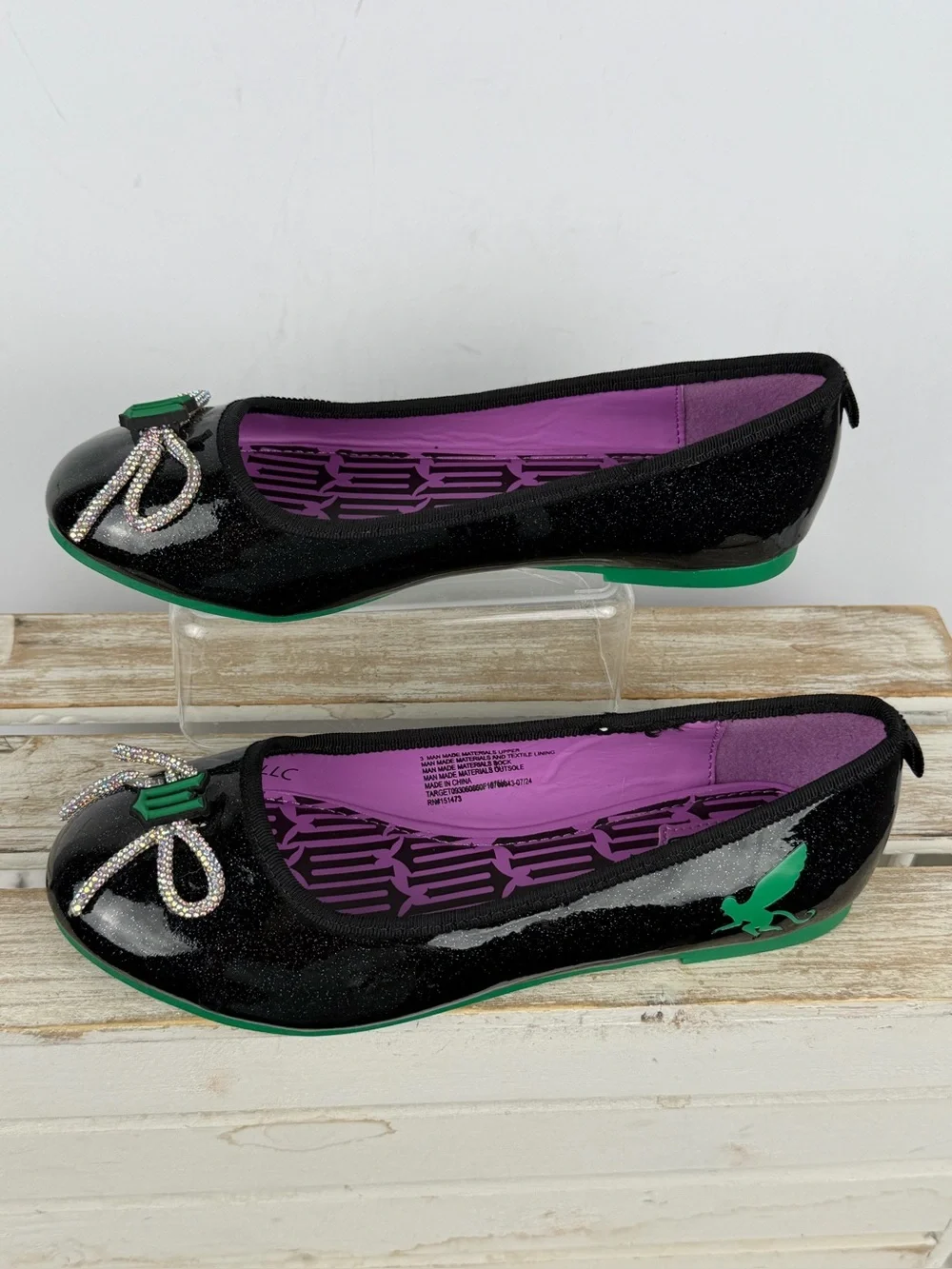 Wicked black glitter ballet flats green flying monkey graphics Size 3